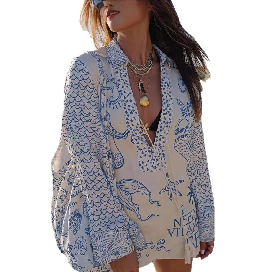 Damen Strandbluse mit maritimem Design und detailreicher Stickerei Drune
