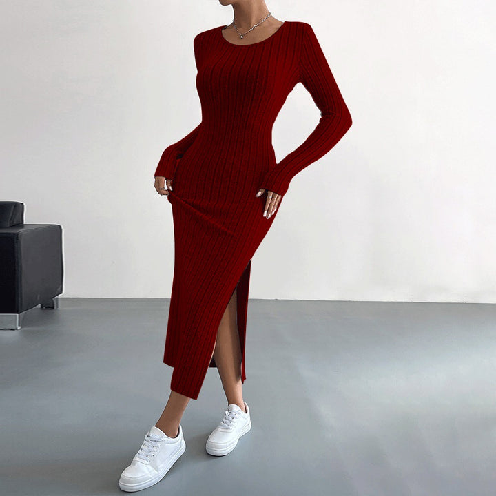 Damen figurbetontes Rippenstrick-Midikleid mit schmaler Silhouette, Rundhalsausschnitt und seitlichem Oberschenkelschlitz Drune