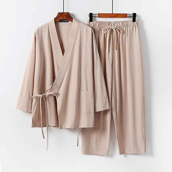 Unisex Leichtes Kimono-Lounge-Set aus weichfallendem Baumwoll-Mix mit Tunnelzughose Drune