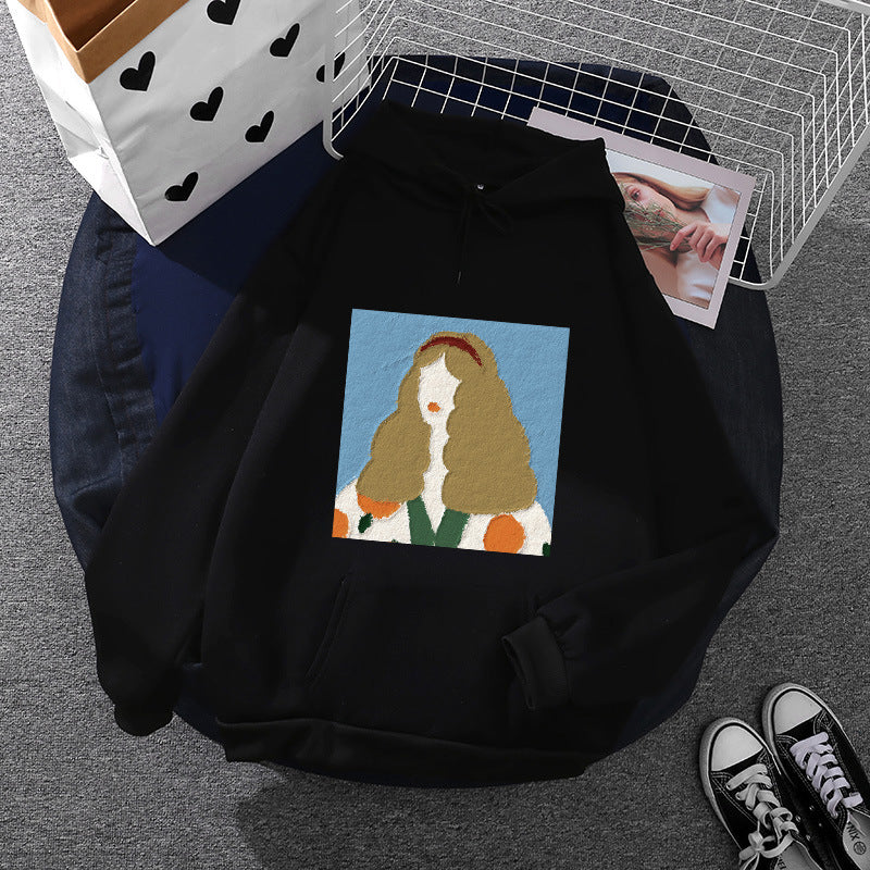 Damen nan Kapuzenpullover mit kunstvoller Chenille-Stickerei im Portraitstil und Kängurutasche Drune