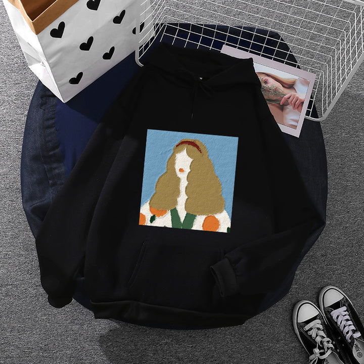 Damen nan Kapuzenpullover mit kunstvoller Chenille-Stickerei im Portraitstil und Kängurutasche Drune