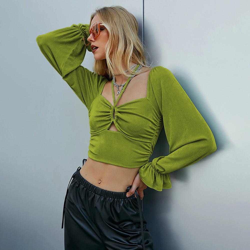 Damen gerafftes Crop-Top mit Herz-Bustier, Knoten-Detail und voluminösen Trompetenärmeln Drune