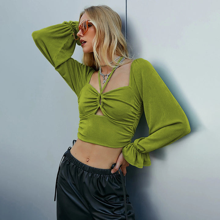 Damen gerafftes Crop-Top mit Herz-Bustier, Knoten-Detail und voluminösen Trompetenärmeln Drune