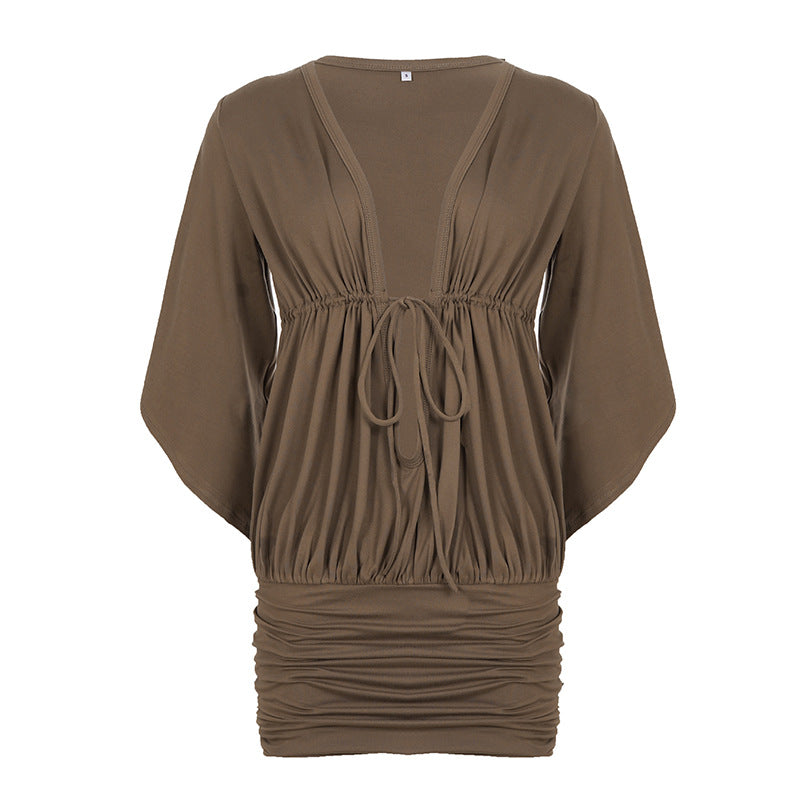 Damen Lockeres V-Ausschnitt-Tunika-Kleid mit Taillenschnürung, Kimonoärmeln und gerafftem Saum Drune