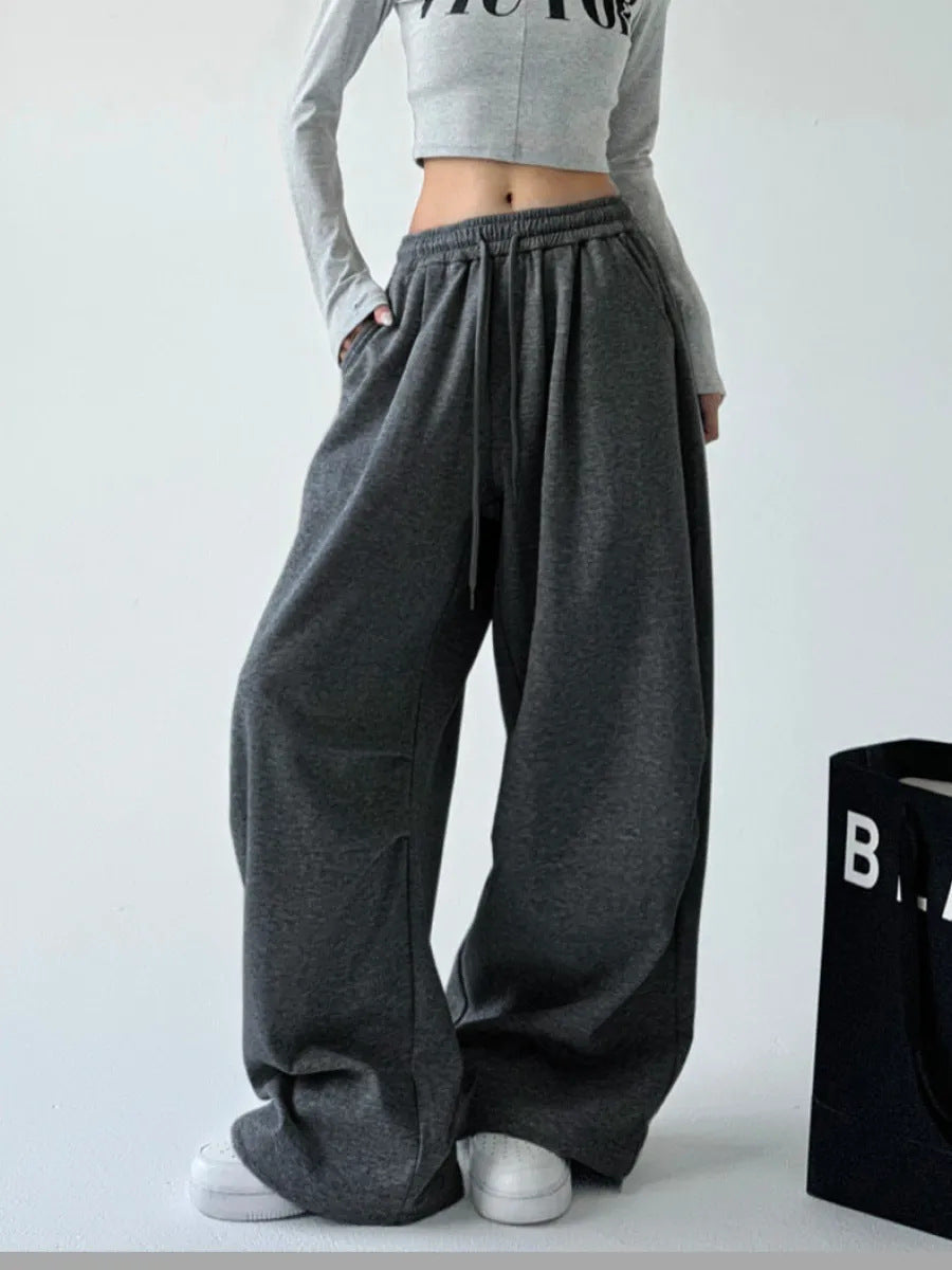 Damen weit geschnittene High-Waist Loungehose mit elastischem Bund, Tunnelzug und seitlichen Eingrifftaschen Drune