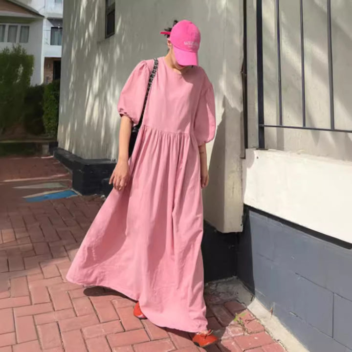 Damen Lässiges Maxi-Babydollkleid mit Puffärmeln und geraffter Taillenpartie Drune