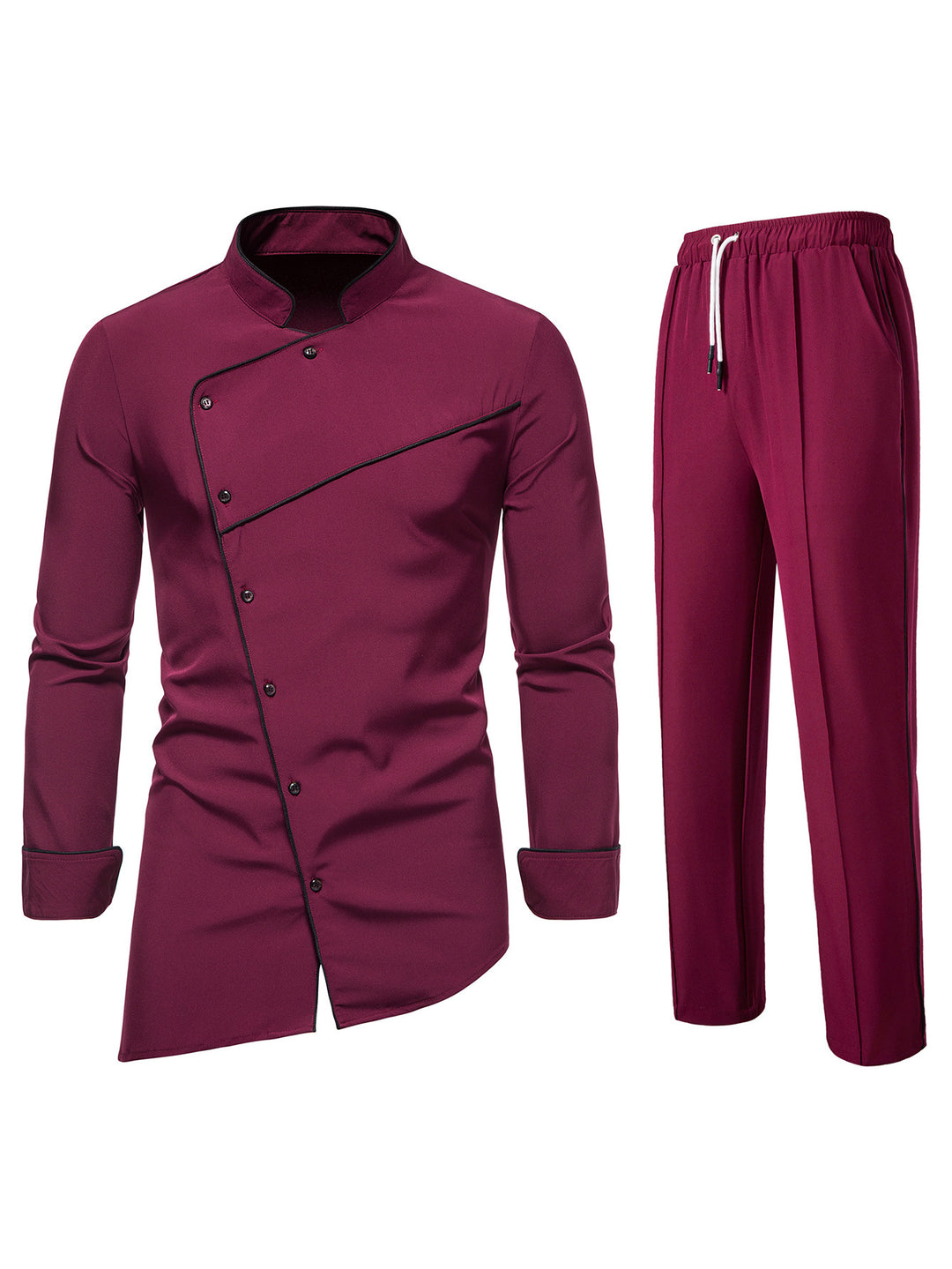 Herren Kochjacke- und Hose-Set aus pflegeleichtem Mikrofaser mit asymmetrischer Knopfleiste und schwarzer Paspelierung Drune