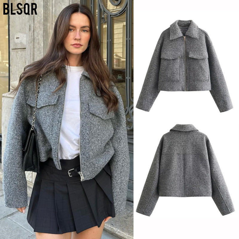 Damen Kurze Wolloptik-Boxyjacke mit Reißverschluss und aufgesetzten Pattentaschen Drune