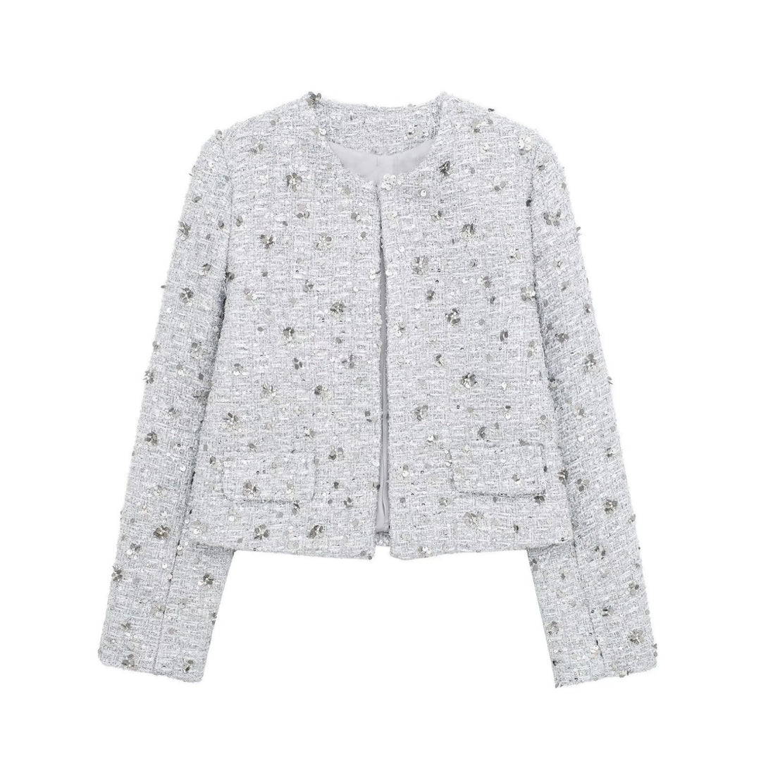 Damen nan kurz geschnittene Bouclé‑Tweedjacke mit floraler Pailletten‑Applikation und offener Front Drune