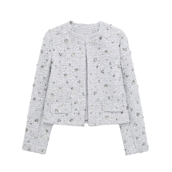 Damen nan kurz geschnittene Bouclé‑Tweedjacke mit floraler Pailletten‑Applikation und offener Front Drune
