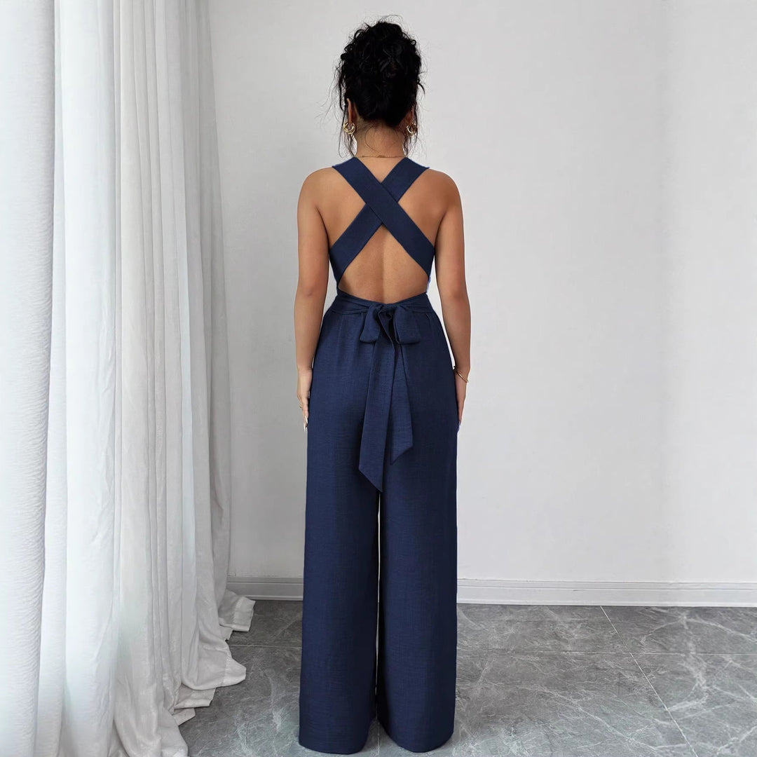 Damen Jumpsuit mit weitem Bein, tailliertem Wickelband und Ösen-Trägern Drune
