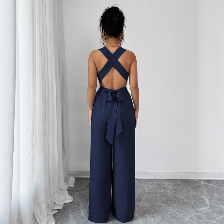 Damen Jumpsuit mit weitem Bein, tailliertem Wickelband und Ösen-Trägern Drune