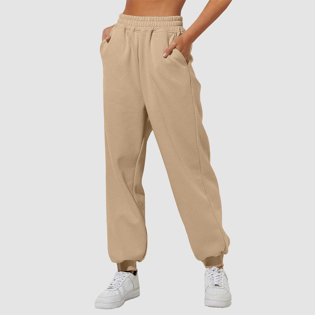 Damen nan weite High‑Waist Jogginghose mit soften Bügelfalten, elastischem Komfortbund und gerippten Knöchelbündchen Drune
