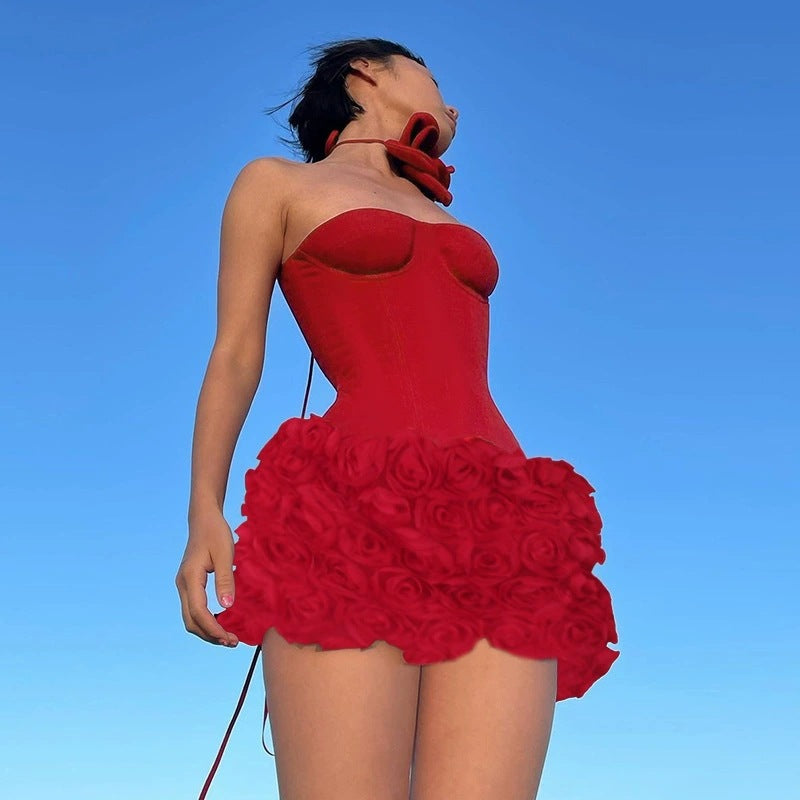 Damen Sexy Minikleid mit Blumenapplikationen und herzförmigem Ausschnitt Drune