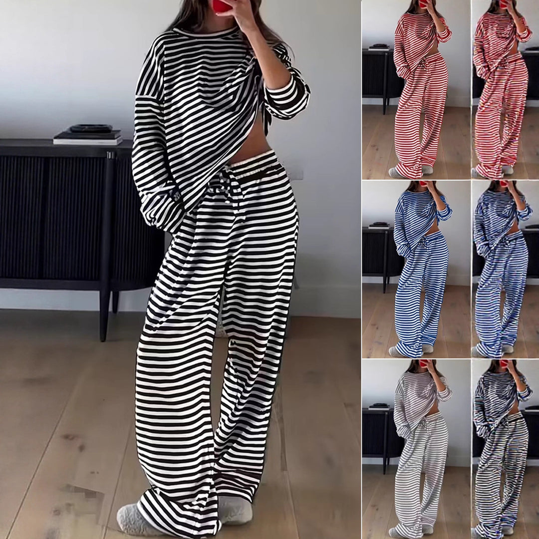 Damen Gestreiftes Lounge-Set aus weichem Baumwoll-Mix mit weitem Bein Drune