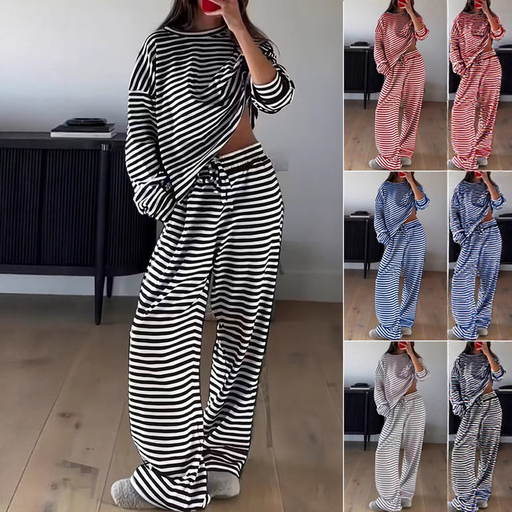 Damen Gestreiftes Lounge-Set aus weichem Baumwoll-Mix mit weitem Bein Drune