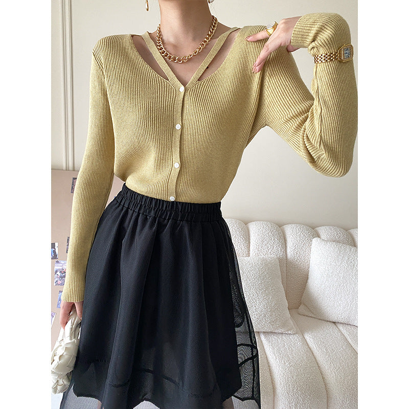 Damen modische Strickjacke mit tiefem V-Ausschnitt Drune