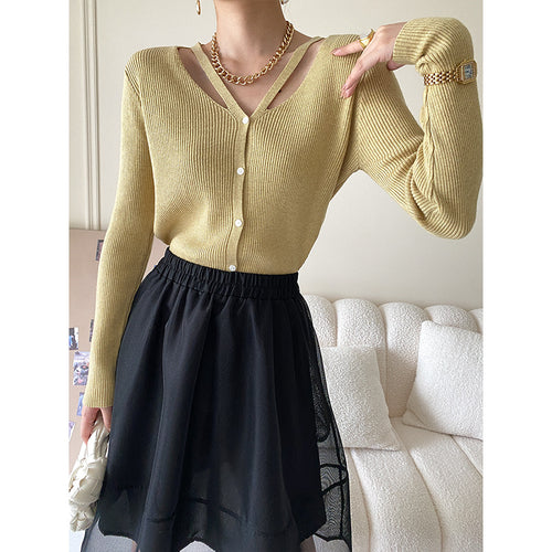 Damen modische Strickjacke mit tiefem V-Ausschnitt Drune