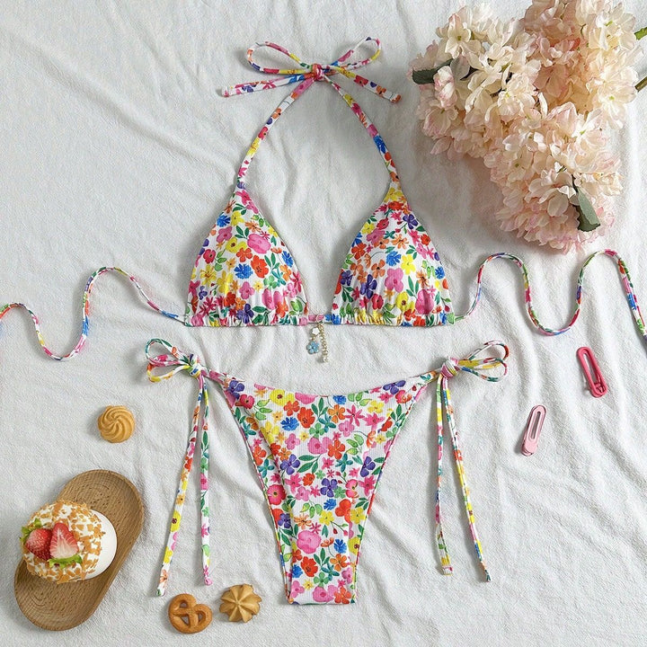 Damen Triangel-Bikini mit buntem Blumendesign Drune
