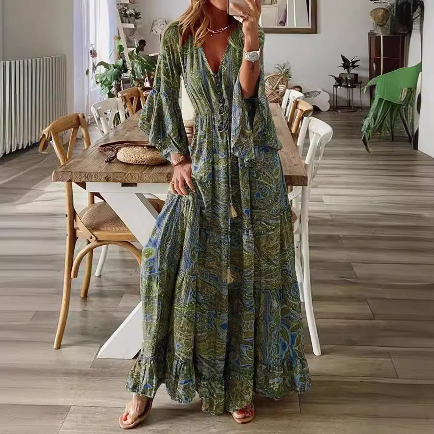 Damen Boho-Maxikleid mit Paisley‑Print, V‑Ausschnitt, Volantärmeln und Taillen‑Bindegürtel Drune