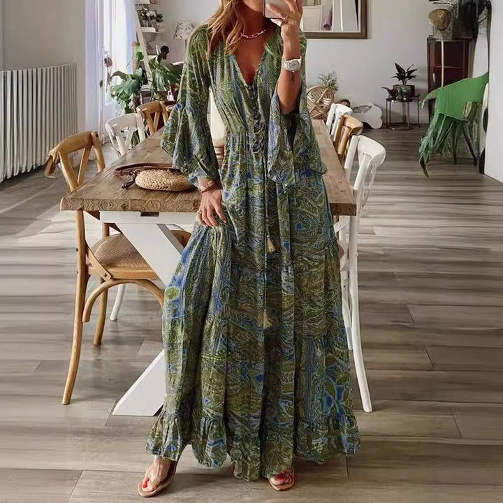 Damen Boho-Maxikleid mit Paisley‑Print, V‑Ausschnitt, Volantärmeln und Taillen‑Bindegürtel Drune