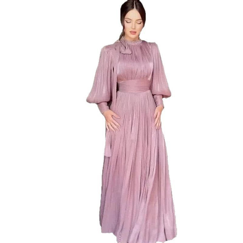 Damen Elegantes Chiffon-Maxikleid mit tailliertem Wickelbund, Stehkragen und langen Puffärmeln Drune