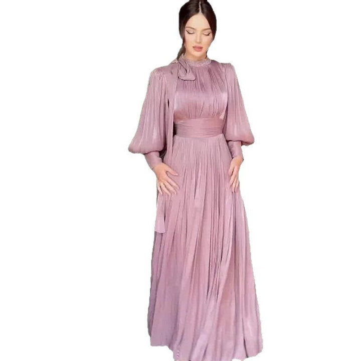 Damen Elegantes Chiffon-Maxikleid mit tailliertem Wickelbund, Stehkragen und langen Puffärmeln Drune