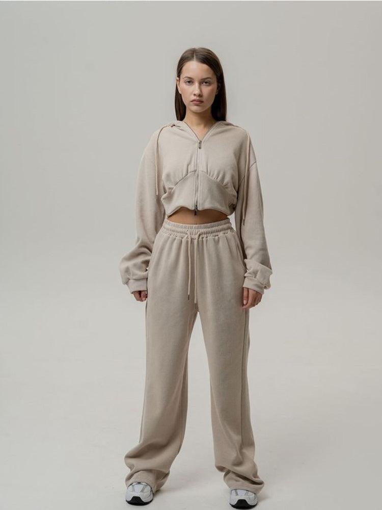 Damen kurzes Reißverschluss-Cropped-Hoodie mit hoher Bund Palazzo-Jogginghose Set Drune