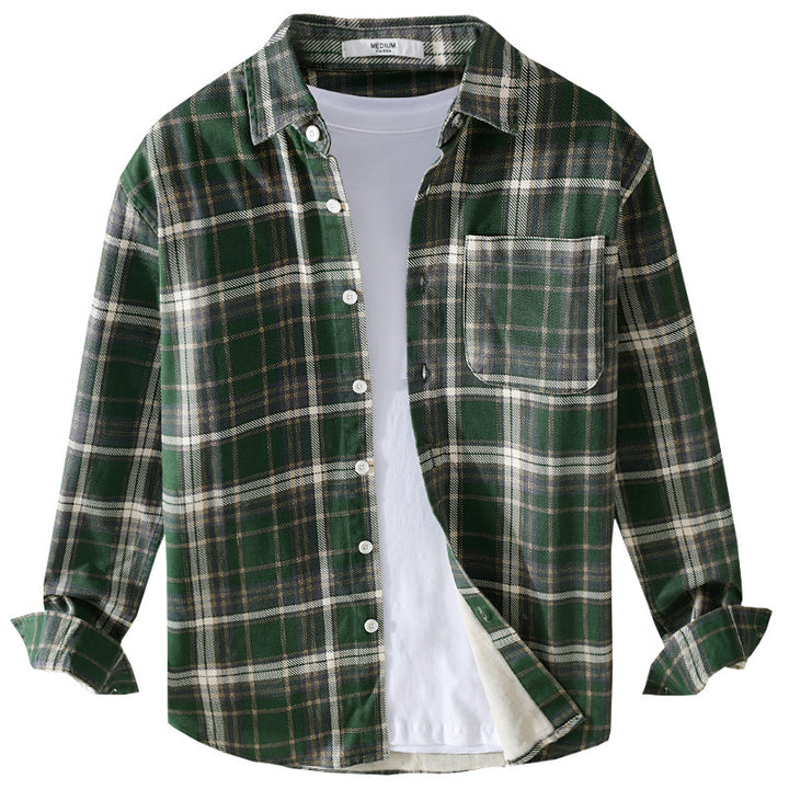 Herren Karierter Flanell-Overshirt im Vintage‑Look mit aufgesetzter Brusttasche und gerundetem Saum Drune