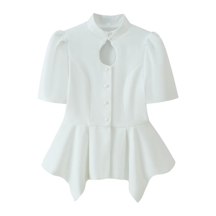 Damen Taillierte Bluse mit Stehkragen, Cut-Out-Ausschnitt und asymmetrischem Schößchen Drune