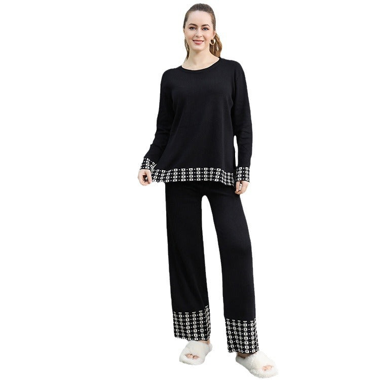 Damen stilvolles Strick-Loungewear-Set mit dekorativen Kontrastabschlüssen Drune