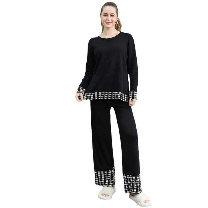 Damen stilvolles Strick-Loungewear-Set mit dekorativen Kontrastabschlüssen Drune