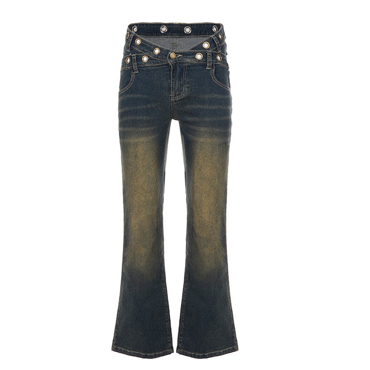 Damen High‑Waist Flared-Jeans mit doppeltem Nietenbund und Used-Effekt Drune