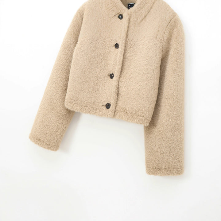 Damen nan kurz geschnittene Teddyjacke mit Rundhalsausschnitt Knopfleiste und aufgesetzten Taschen Drune