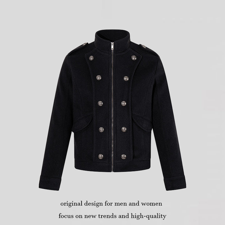 Herren kurze militärisch inspirierte Wolljacke mit Stehkragen & doppelreihigen Zierknöpfen Drune
