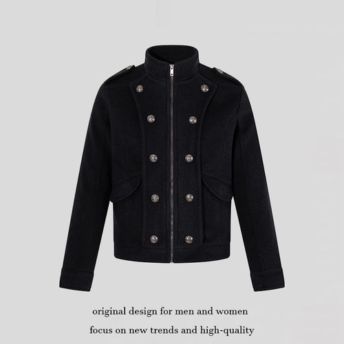 Herren kurze militärisch inspirierte Wolljacke mit Stehkragen & doppelreihigen Zierknöpfen Drune