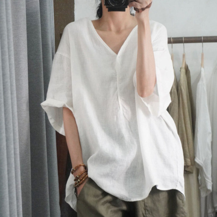 Damen Oversized Leinen-T-Shirt mit V-Ausschnitt und lässigem Schnitt Drune