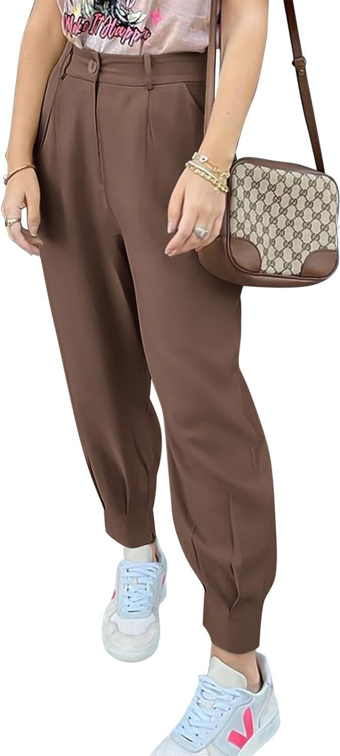 Damen elegante und modische High-Waist Hose mit Falten und seitlichen Taschen Drune