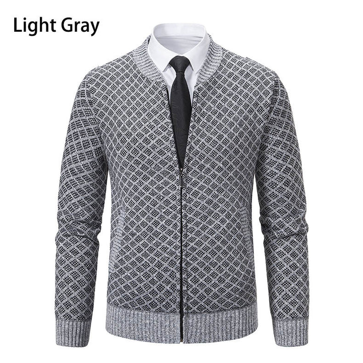 Herren Strick-Zipjacke mit feinem Jacquard‑Muster, durchgehendem Reißverschluss und geripptem Saum Drune