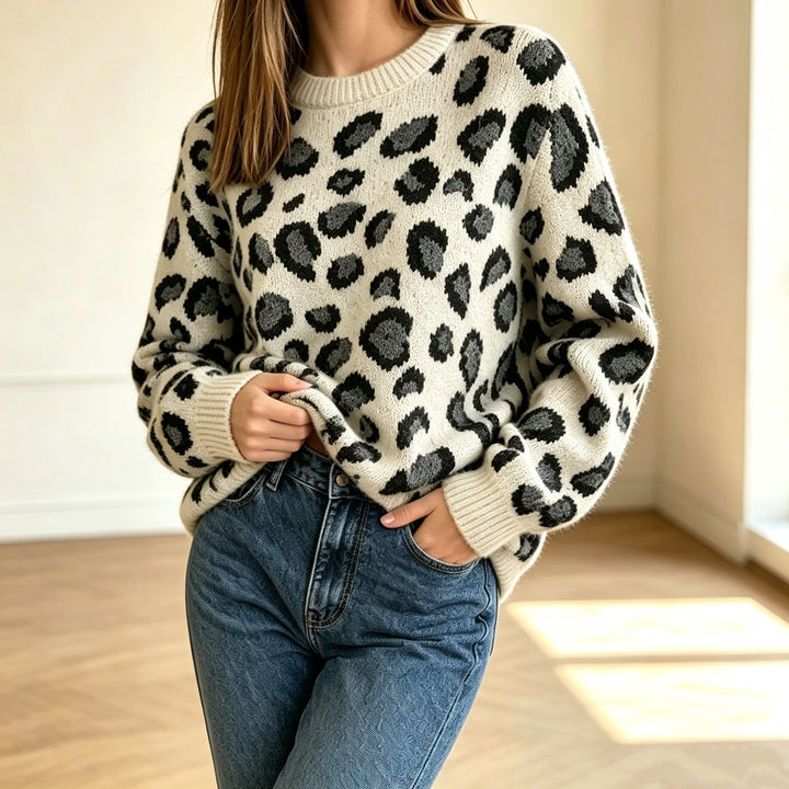 Damen Kuscheliger Rundhalspullover im Leo-Jacquard mit entspanntem Oversize-Schnitt Drune