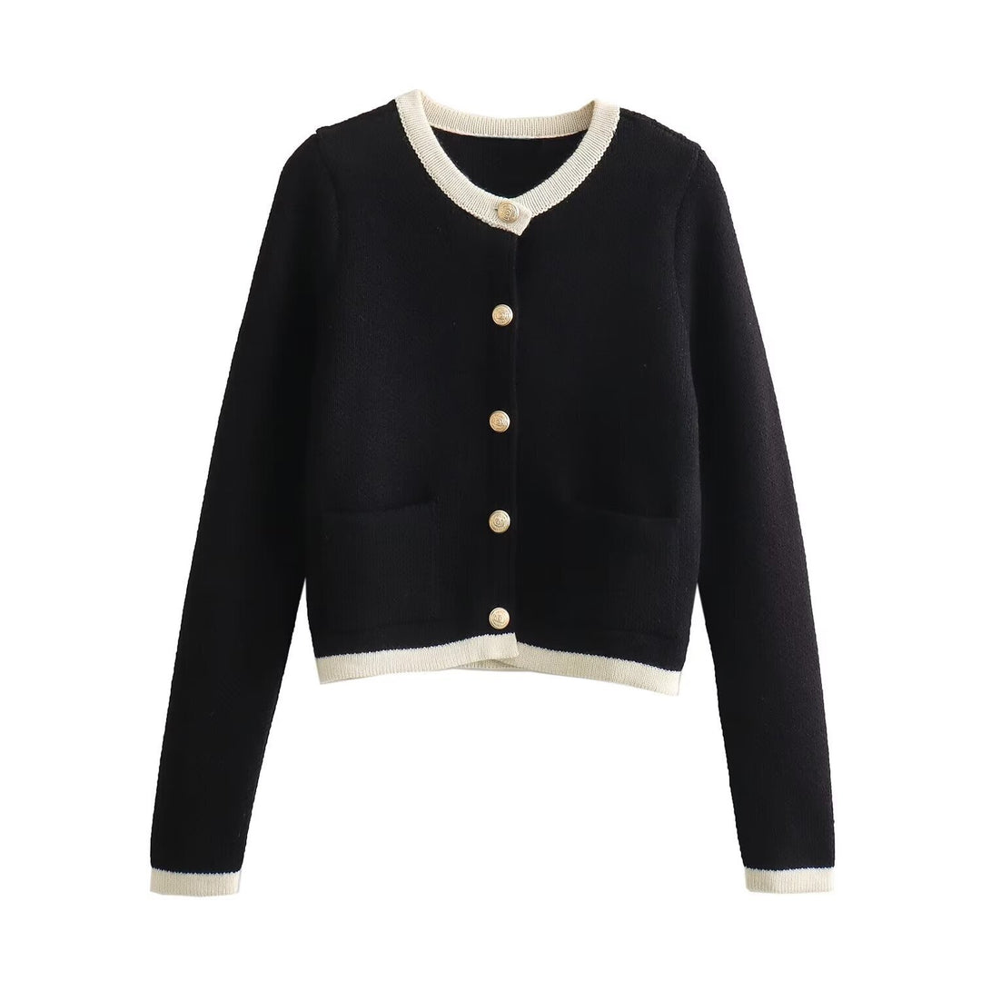 Damen Kurzgeschnittener Bouclé-Cardigan mit Rundhals, Pattentaschen und Münzknöpfen Drune