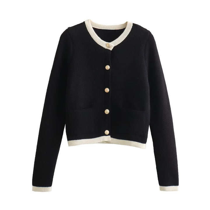 Damen Kurzgeschnittener Bouclé-Cardigan mit Rundhals, Pattentaschen und Münzknöpfen Drune