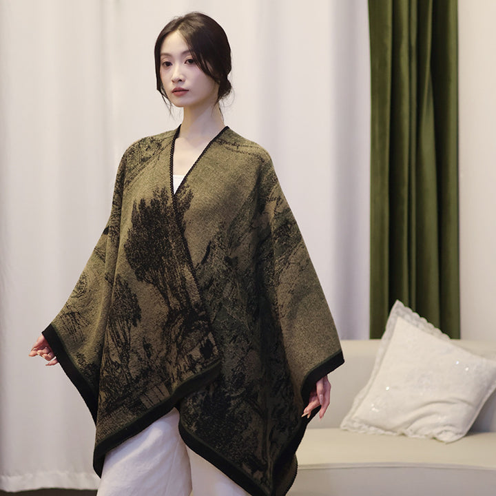 Damen Jacquard‑Strickcape mit strukturierter Weboptik und offener Front Drune
