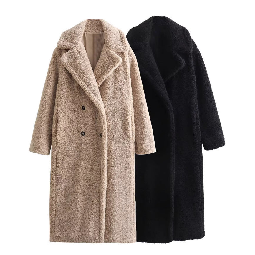 Damen 900+ langer Teddy‑Mantel im Oversize‑Cut mit Doppelreihe, Reverskragen und wärmender Innenfutter Drune