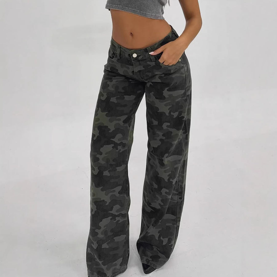 Damen Camouflage-Denim Schlaghose mit hoher Taille und weitem Bein Drune