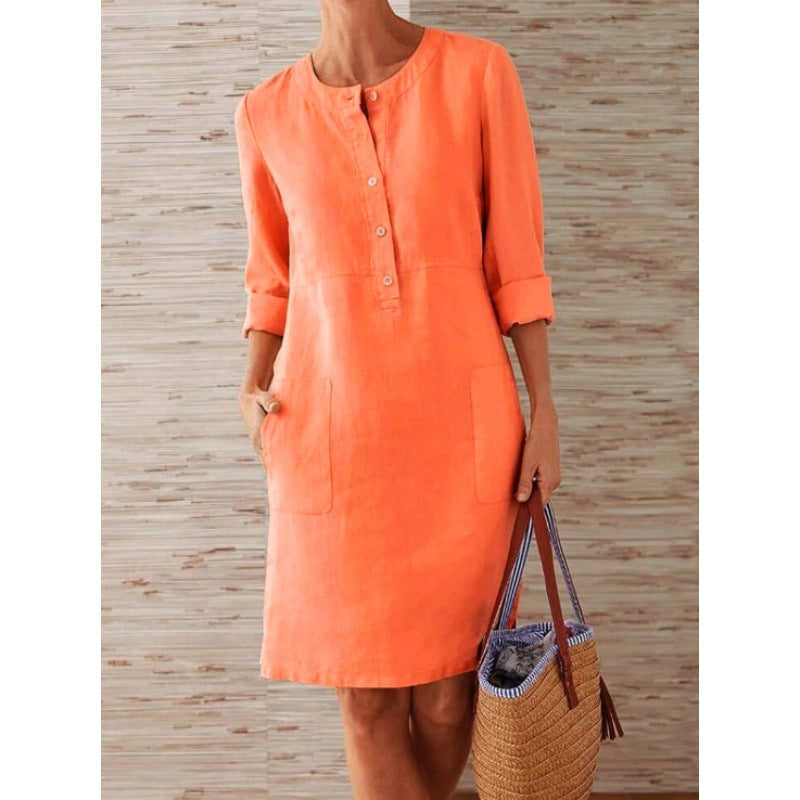 Damen Locker geschnittenes Leinenoptik-Kleid mit dreiviertel-Ärmeln, Knopfleiste und Eingrifftaschen Drune