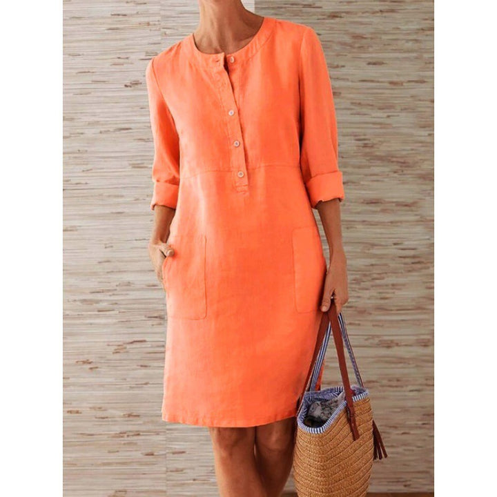 Damen Locker geschnittenes Leinenoptik-Kleid mit dreiviertel-Ärmeln, Knopfleiste und Eingrifftaschen Drune