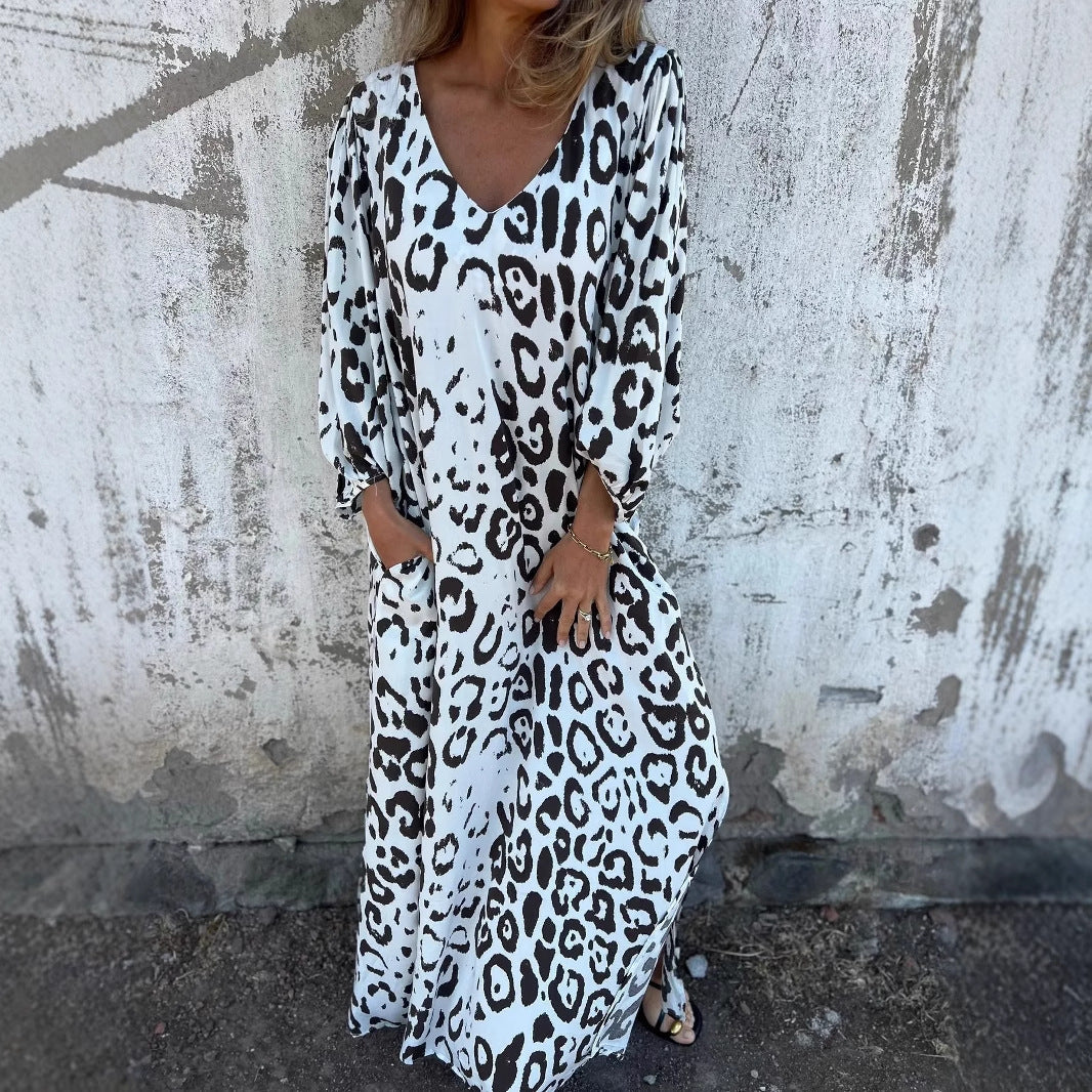 Damen Maxikleid mit exklusivem Leopardenmuster und praktischen Seitentaschen Drune