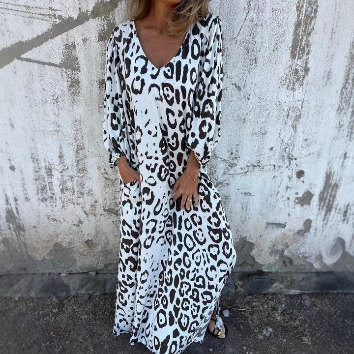 Damen Maxikleid mit exklusivem Leopardenmuster und praktischen Seitentaschen Drune