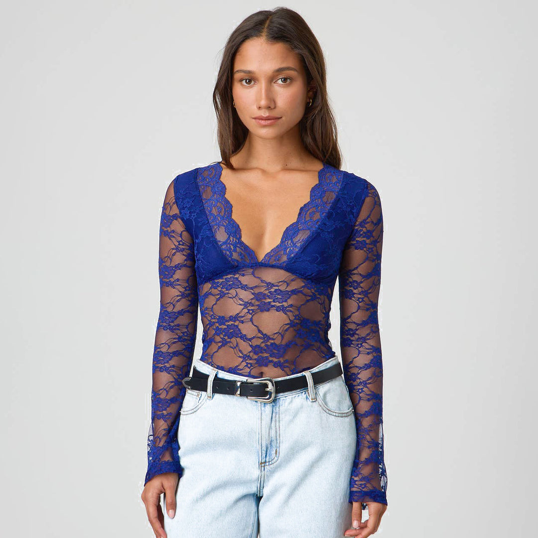 Damen Durchsichtiges Spitzenlangarmbodysuit Drune
